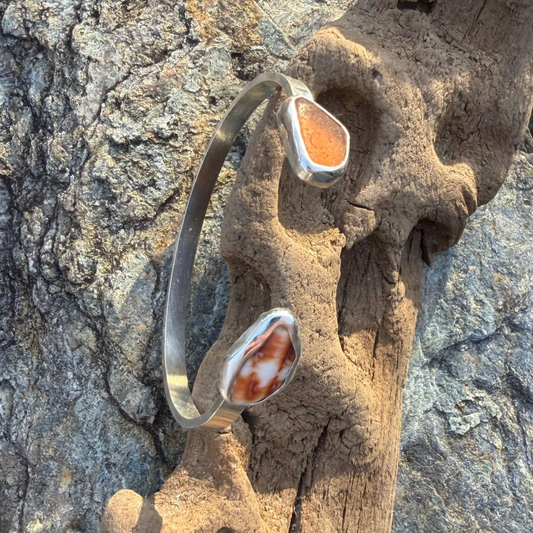 Honey Amber Sea Glass and Shell Cuff Bracelet - Size small