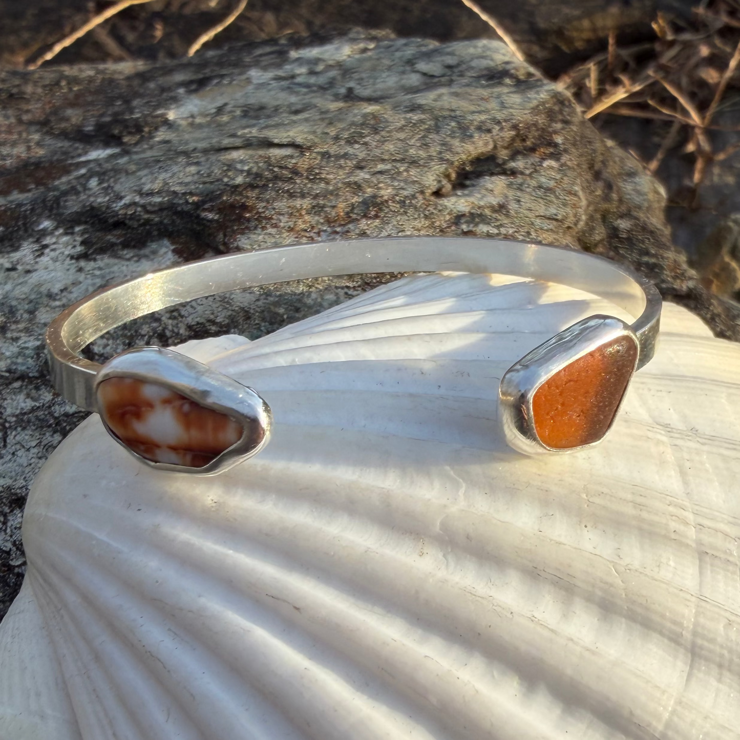 Honey Amber Sea Glass and Shell Cuff Bracelet - Size small