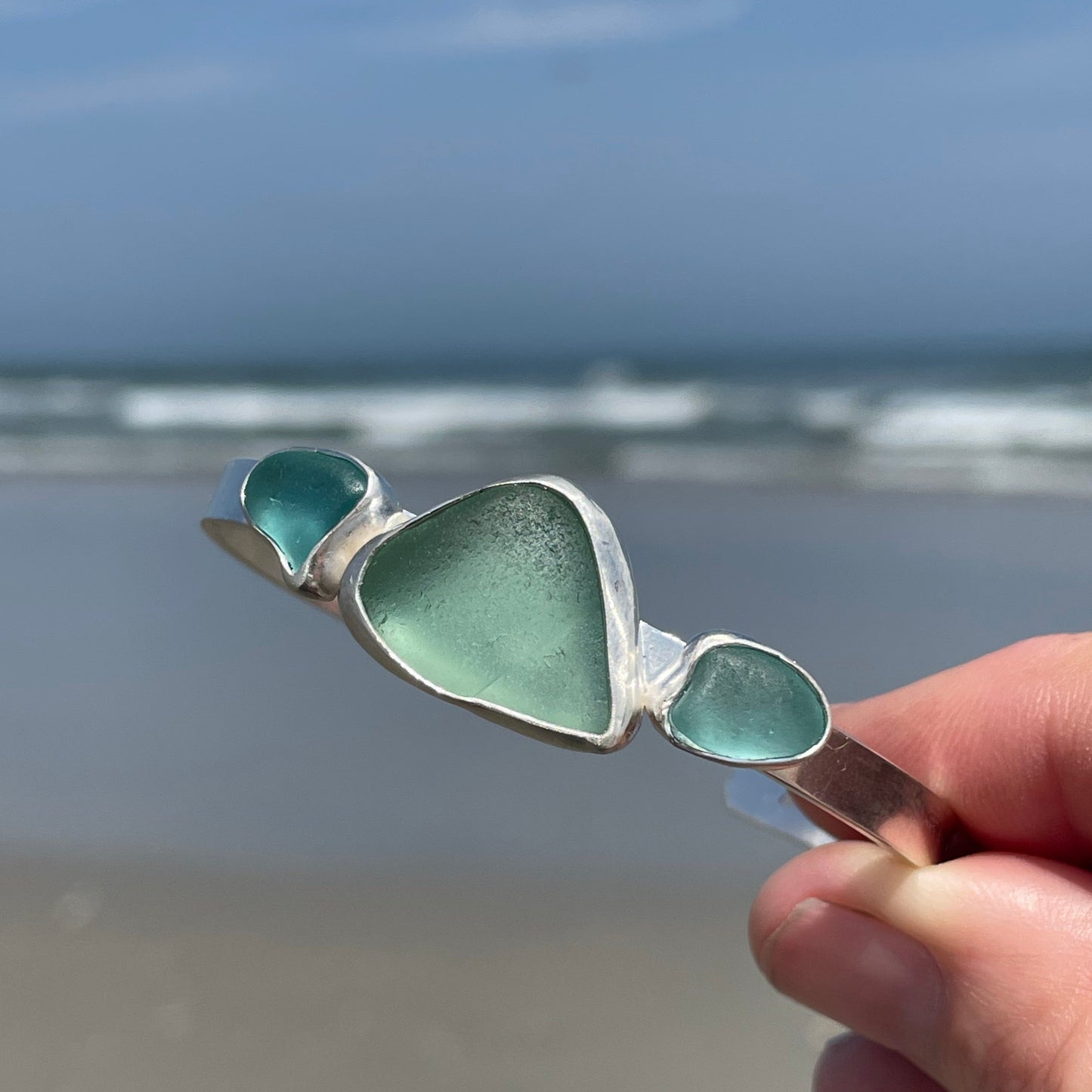 Light Teal Blue Three Piece Sea Glass Cuff Bracelet