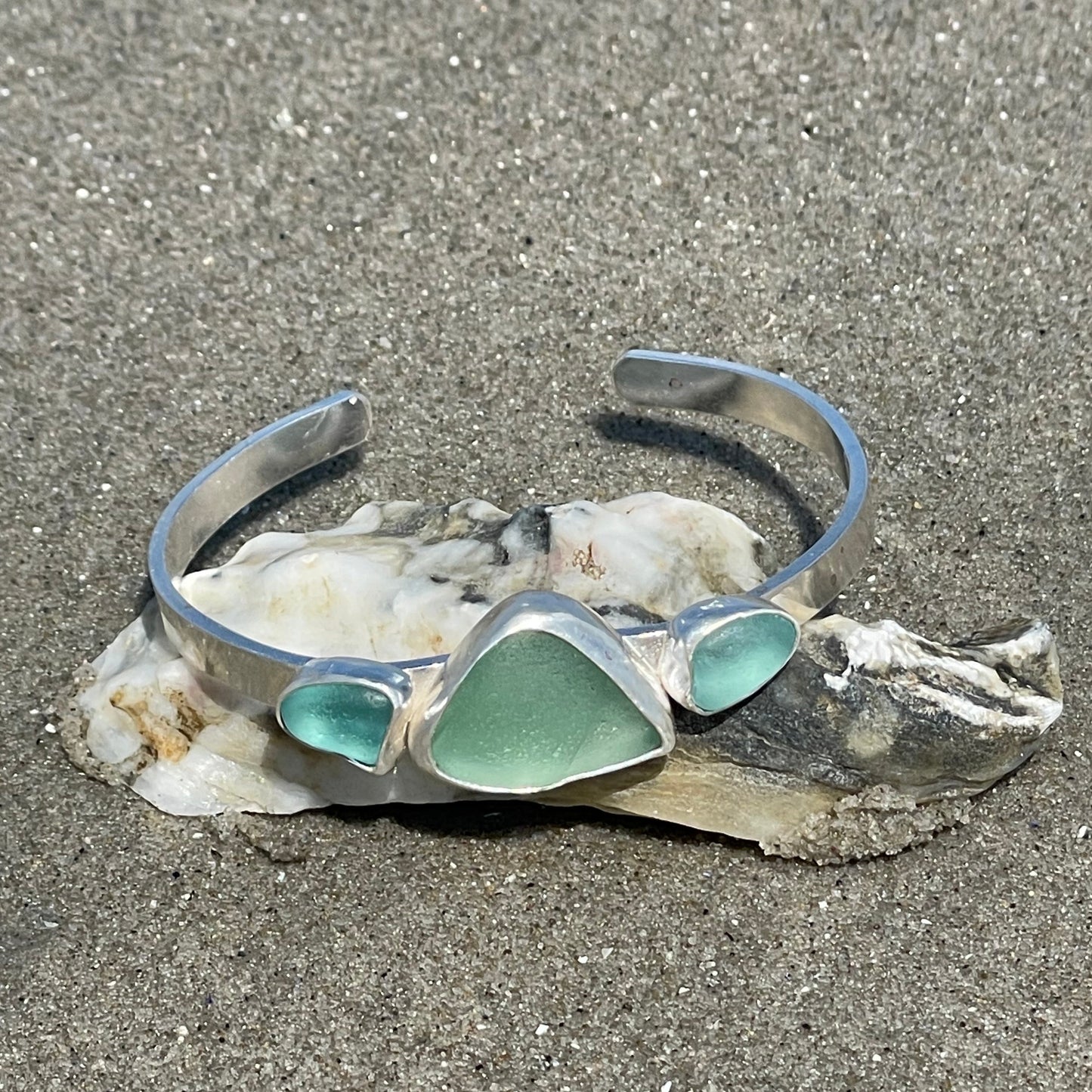 Light Teal Blue Three Piece Sea Glass Cuff Bracelet