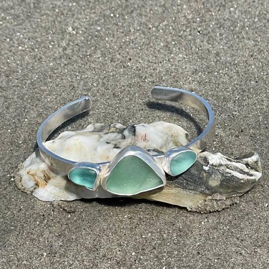 Light Teal Blue Three Piece Sea Glass Cuff Bracelet