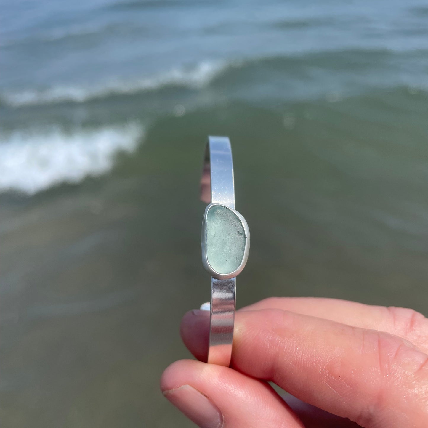 Sea Foam Blue Sea Glass Cuff Bracelet