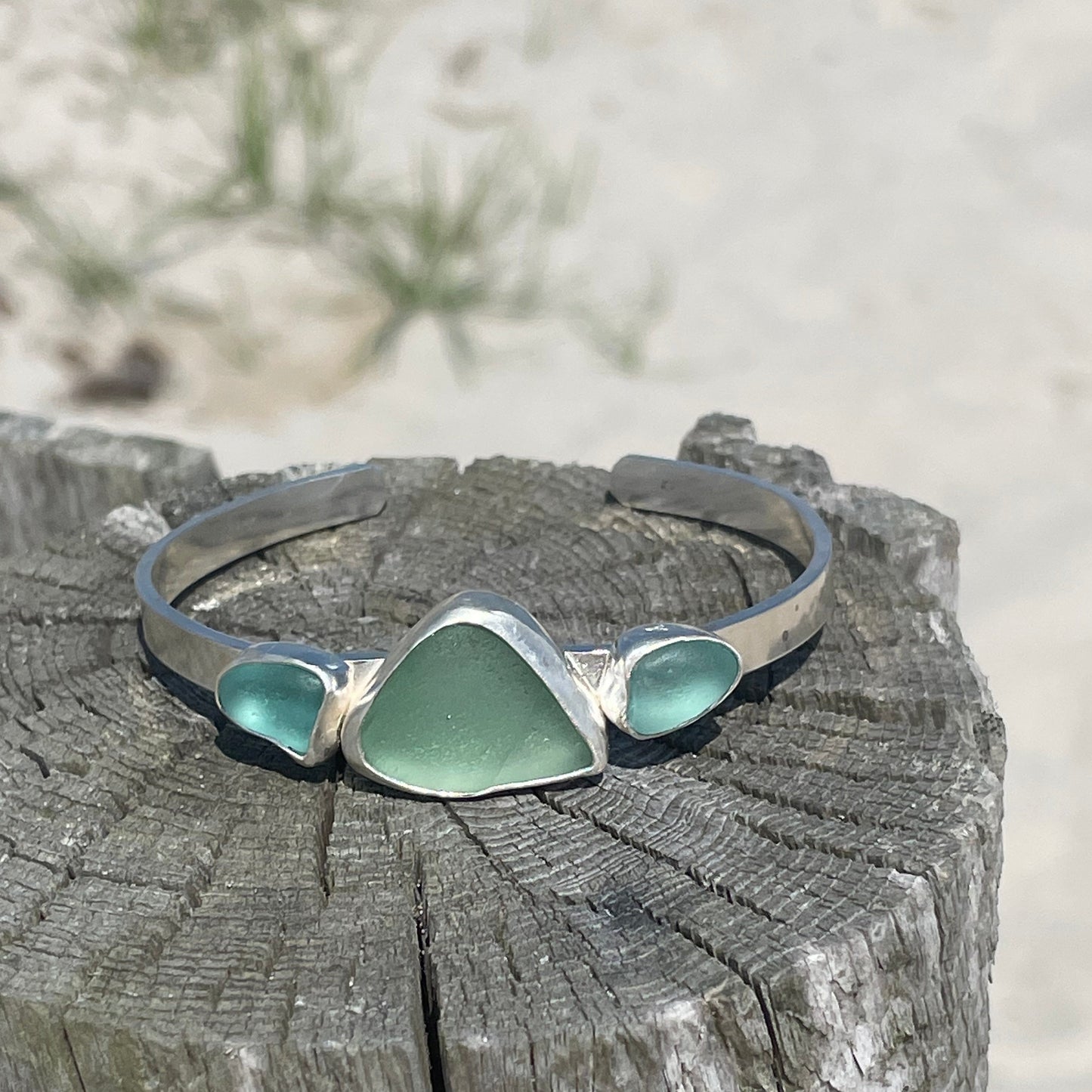 Light Teal Blue Three Piece Sea Glass Cuff Bracelet