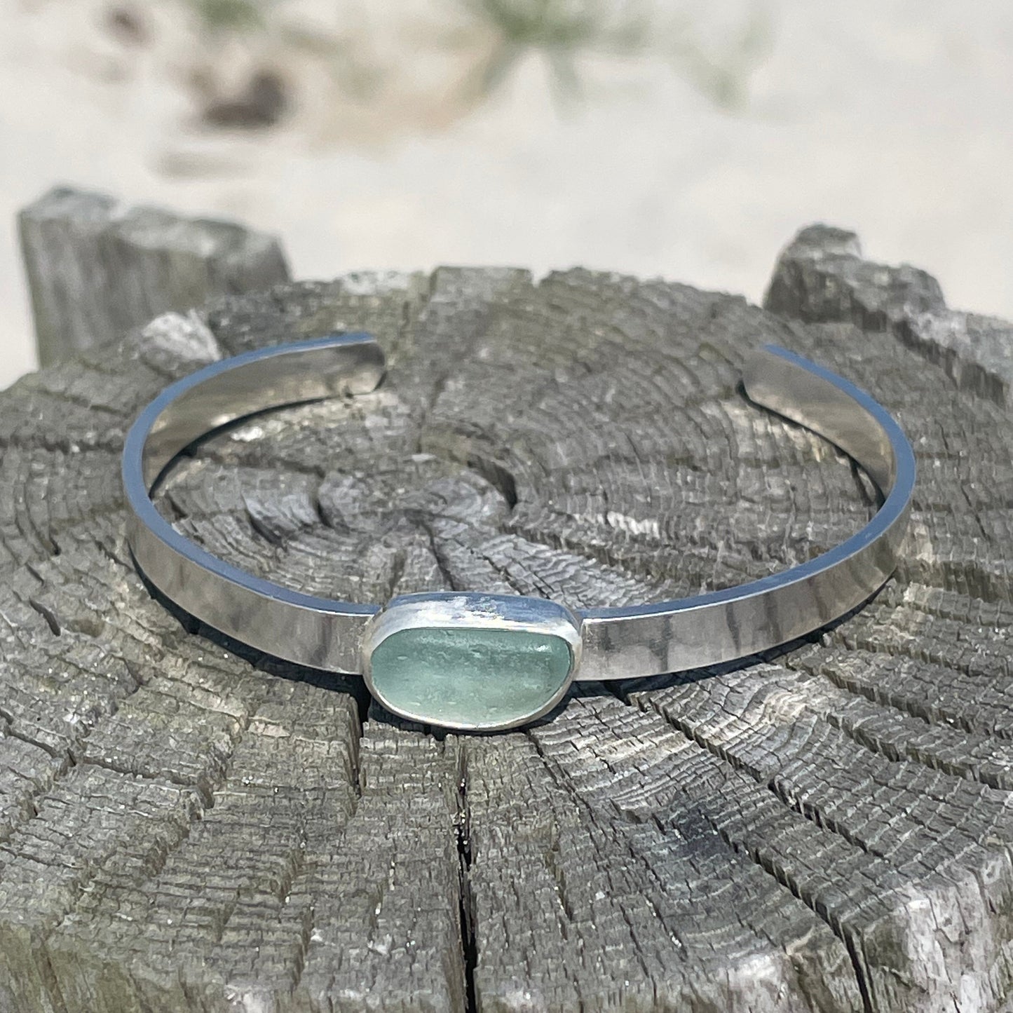 Sea Foam Blue Sea Glass Cuff Bracelet