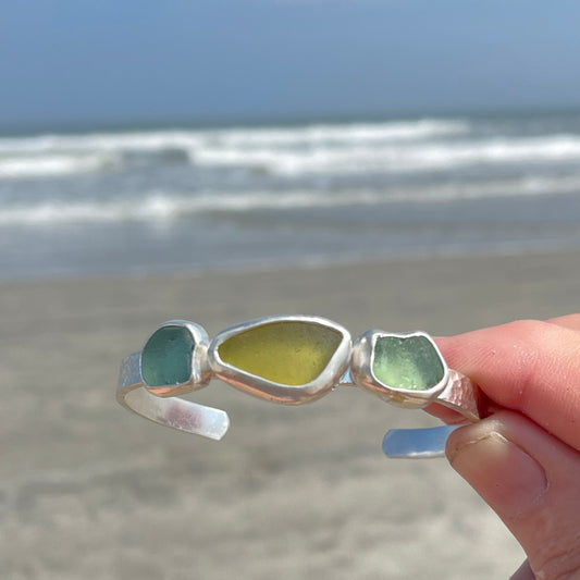 Olive Yellow & Light Teal Blue Sea Glass Cuff Bracelet