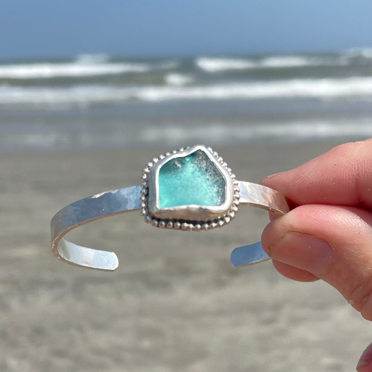 Teal Blue Sea Glass Cuff Bracelet