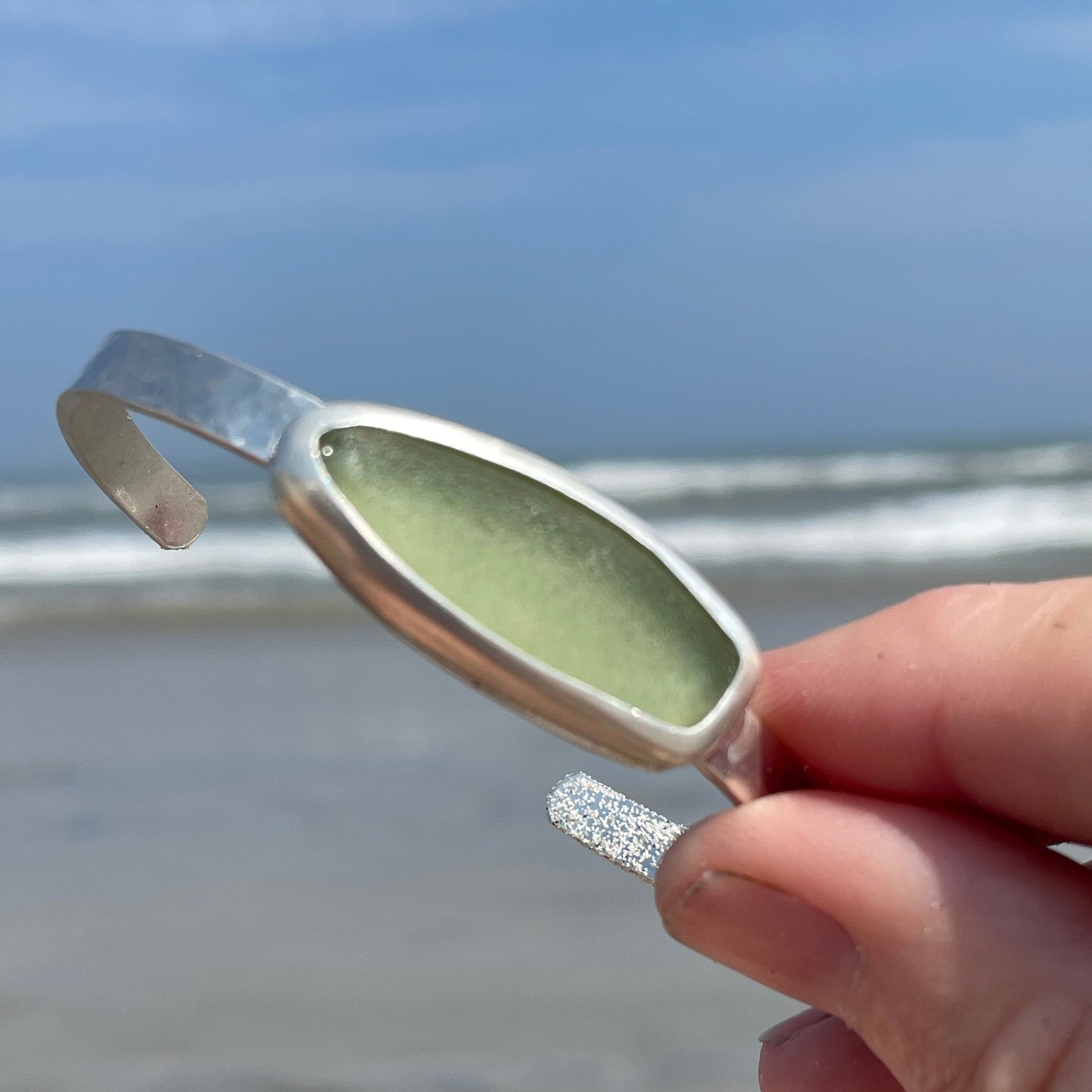 Pale Sage Green Sea Glass Surf Board Cuff Bracelet