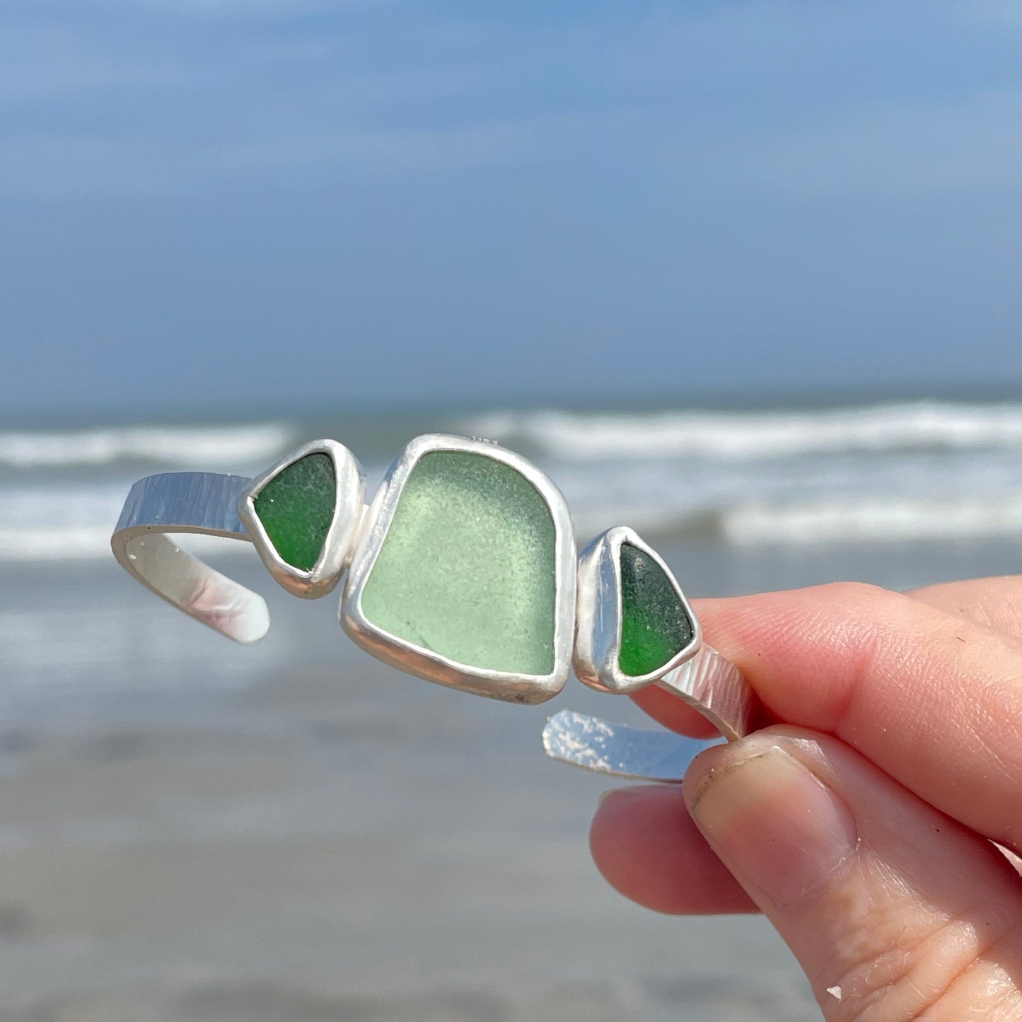 Light Teal Gray & Emerald Green Sea Glass Cuff Bracelet