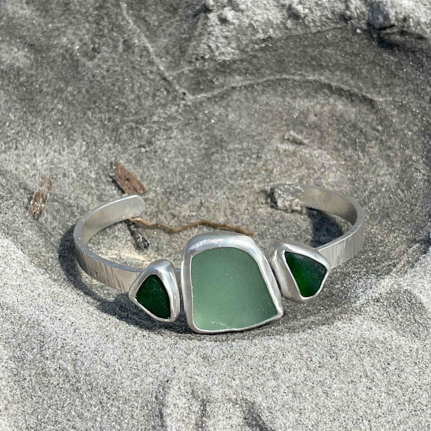 Light Teal Gray & Emerald Green Sea Glass Cuff Bracelet