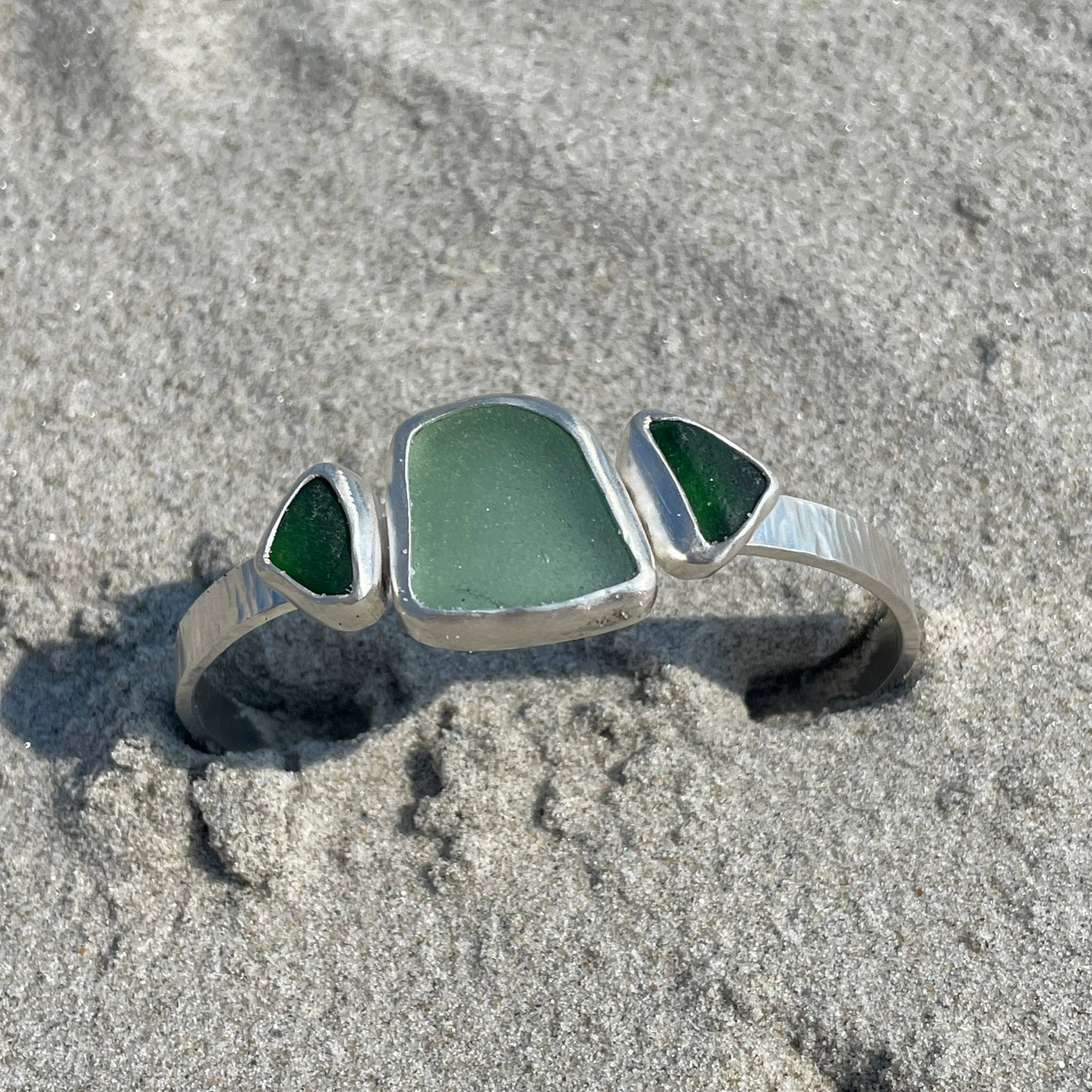 Light Teal Gray & Emerald Green Sea Glass Cuff Bracelet