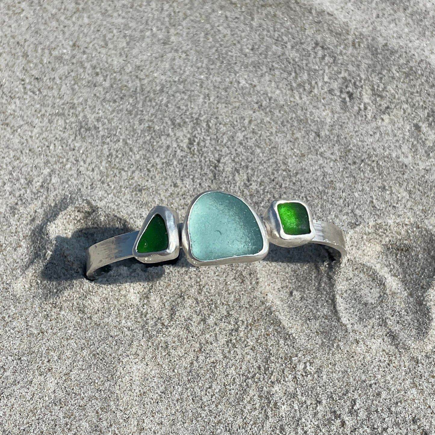 Light Aquamarine & Emerald Green Sea Glass Cuff Bracelet