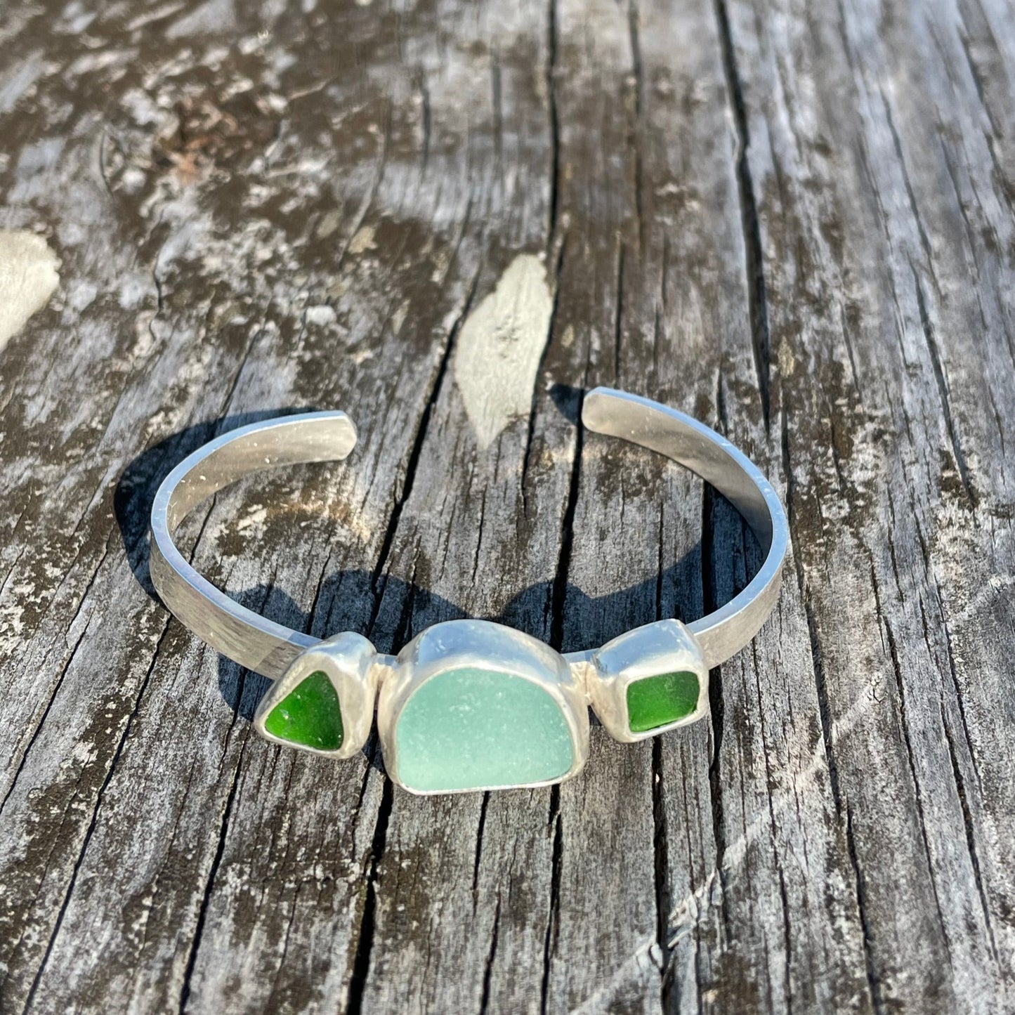 Light Aquamarine & Emerald Green Sea Glass Cuff Bracelet