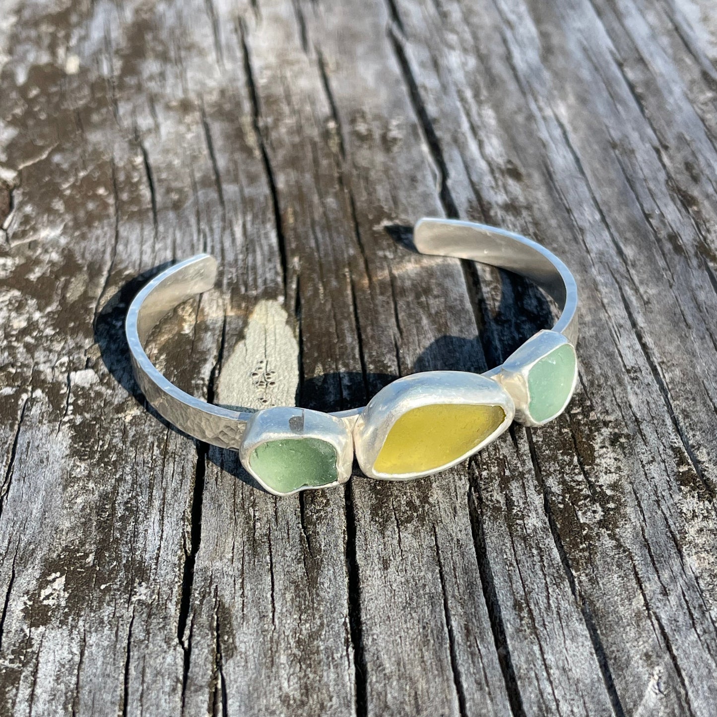 Olive Yellow & Light Teal Blue Sea Glass Cuff Bracelet