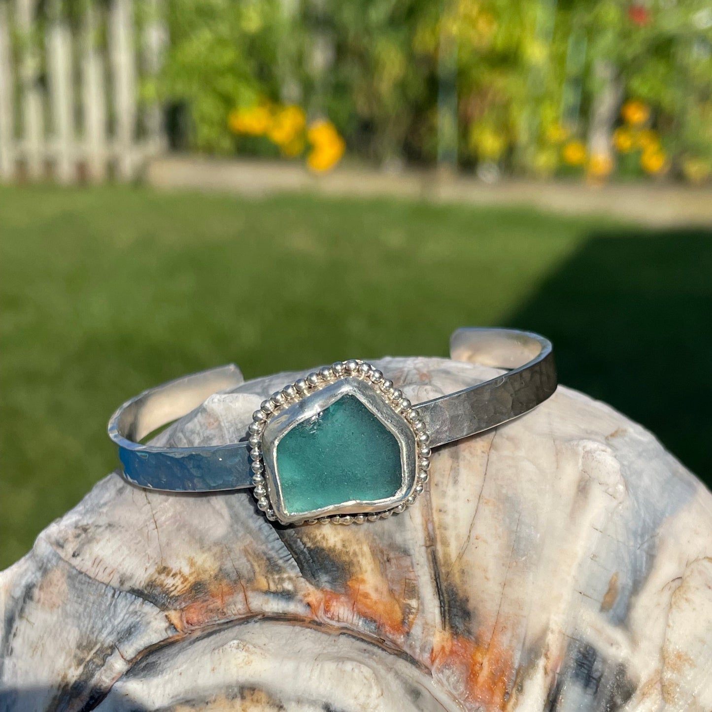 Teal Blue Sea Glass Cuff Bracelet