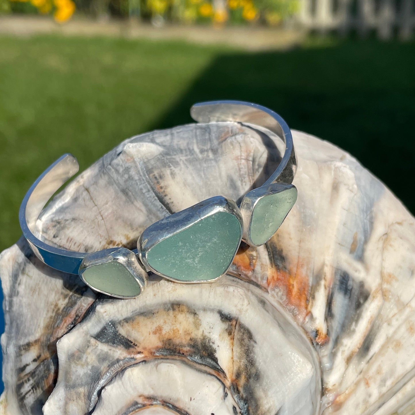 Light Aquamarine Three Piece Sea Glass Cuff Bracelet