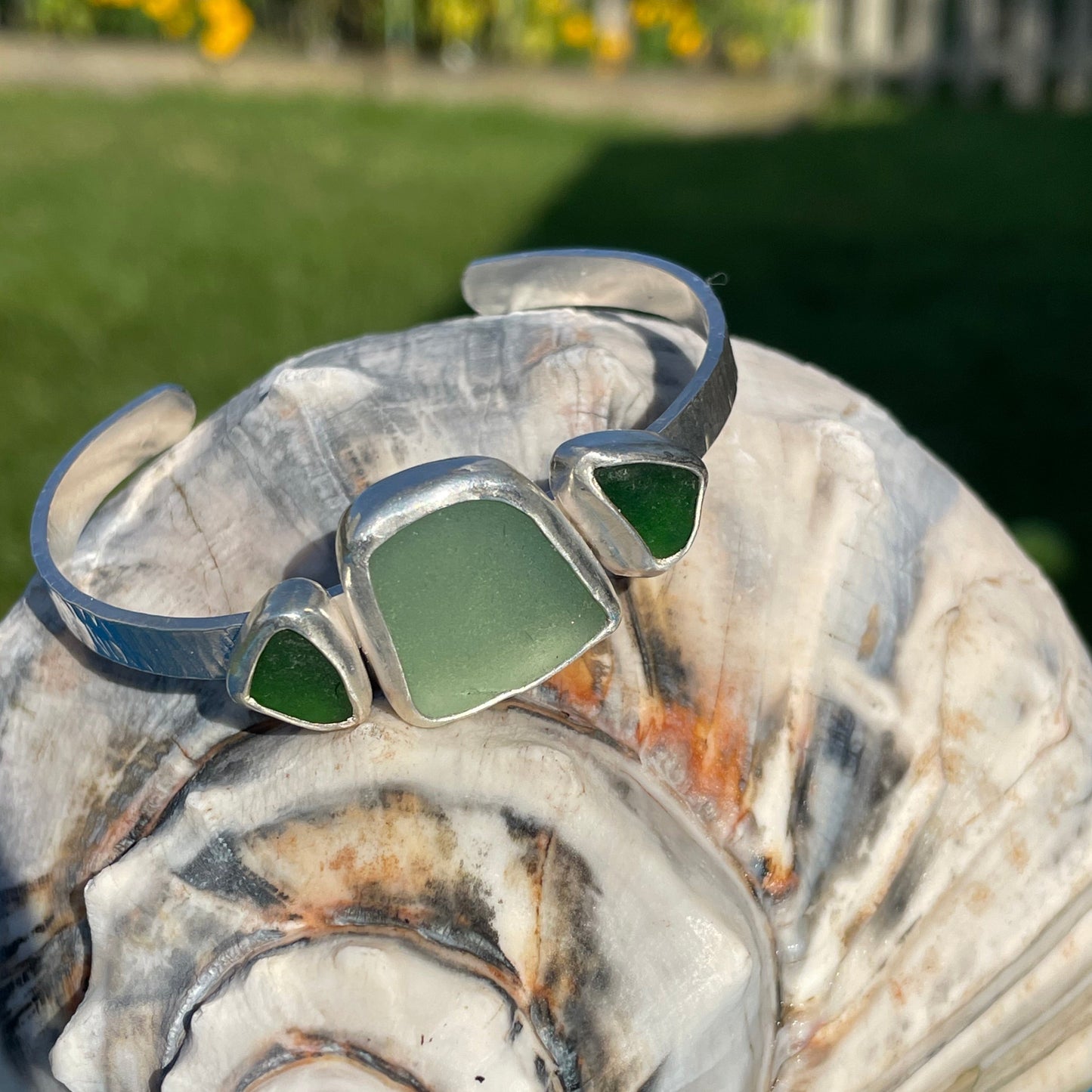 Light Teal Gray & Emerald Green Sea Glass Cuff Bracelet