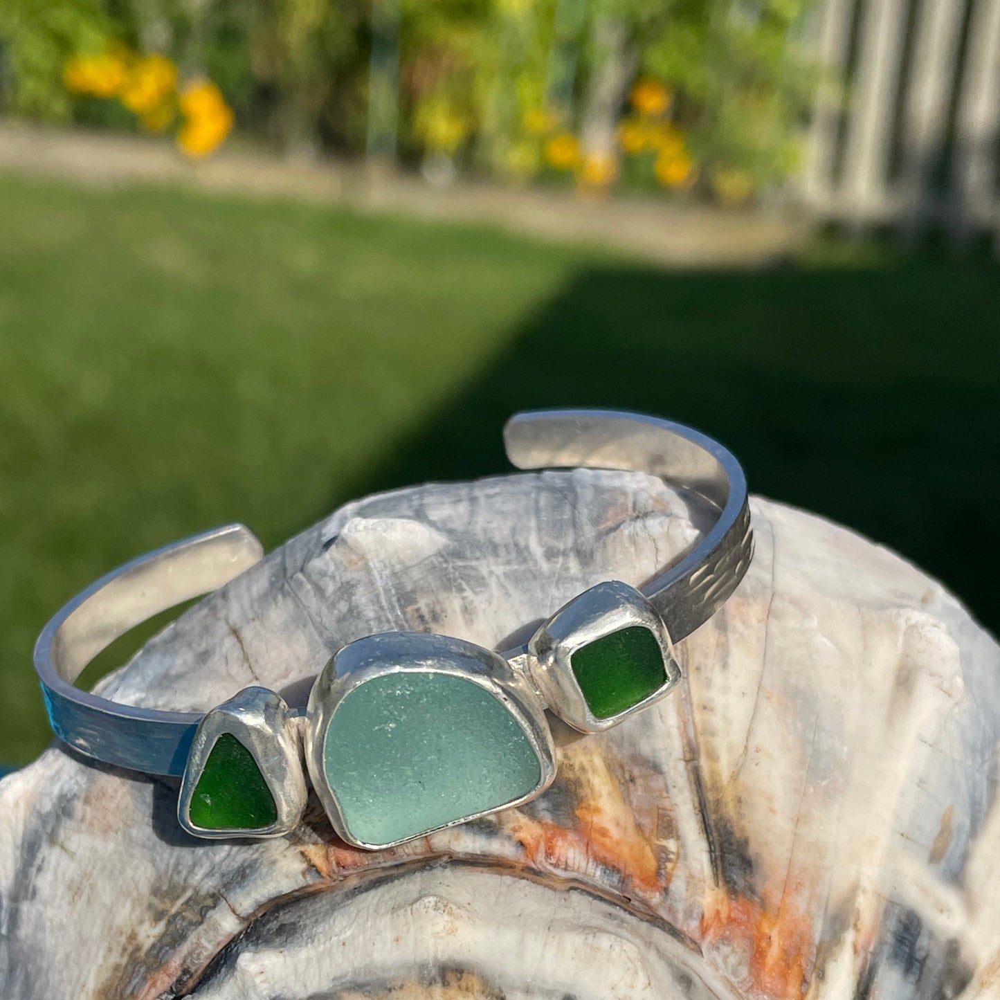 Light Aquamarine & Emerald Green Sea Glass Cuff Bracelet