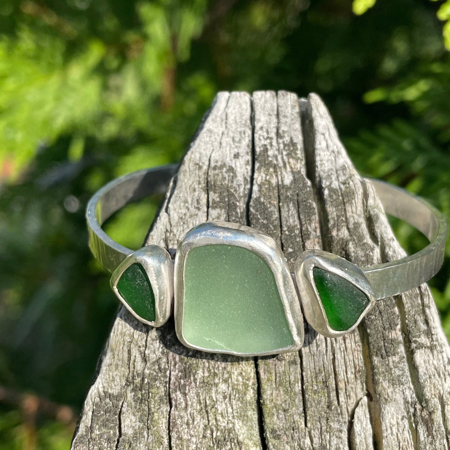 Light Teal Gray & Emerald Green Sea Glass Cuff Bracelet