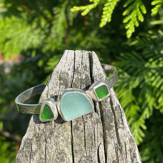 Light Aquamarine & Emerald Green Sea Glass Cuff Bracelet