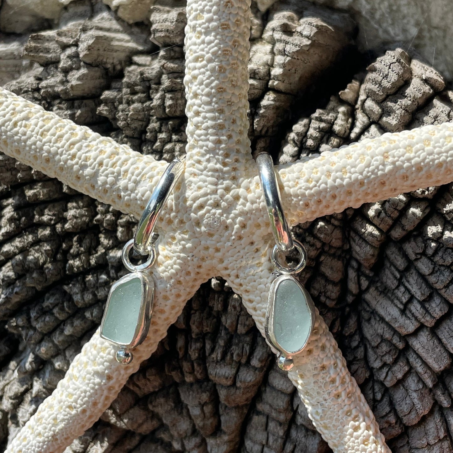 Sea Foam Blue Sea Glass Hoop Earrings