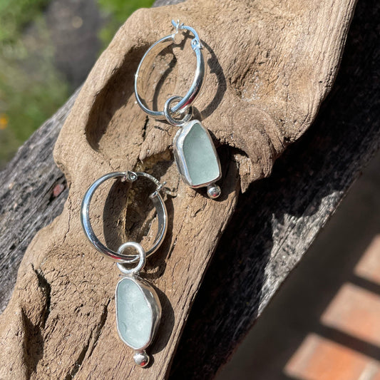 Sea Foam Blue Sea Glass Hoop Earrings