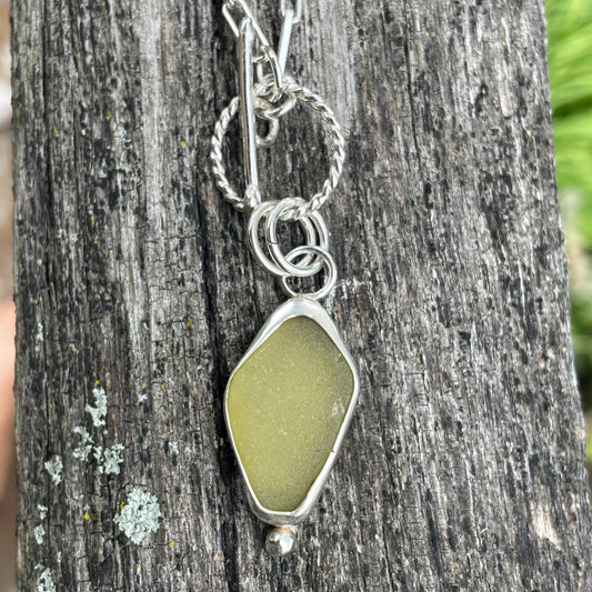 Pale Olive Yellow Sea Glass Pendant