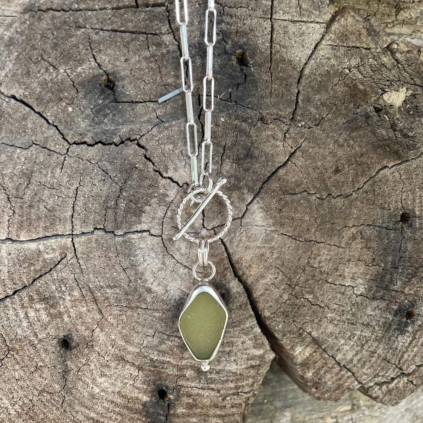 Pale Olive Yellow Sea Glass Pendant