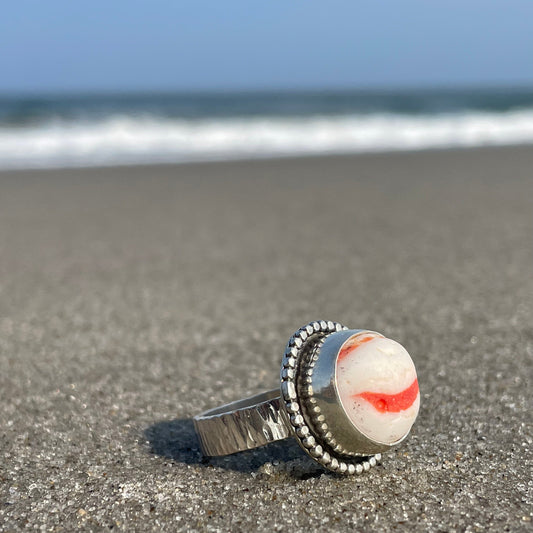 Milky White and Red Sea Glass Marble Ring - Size 8.5