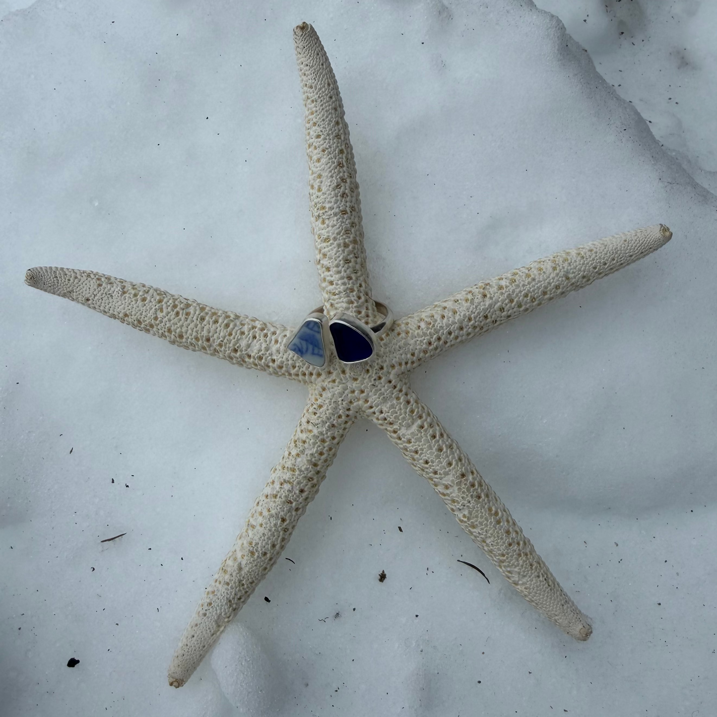 Cobalt Blue Sea Glass and Blue Sea Pottery Adjustable Ring -Size 8