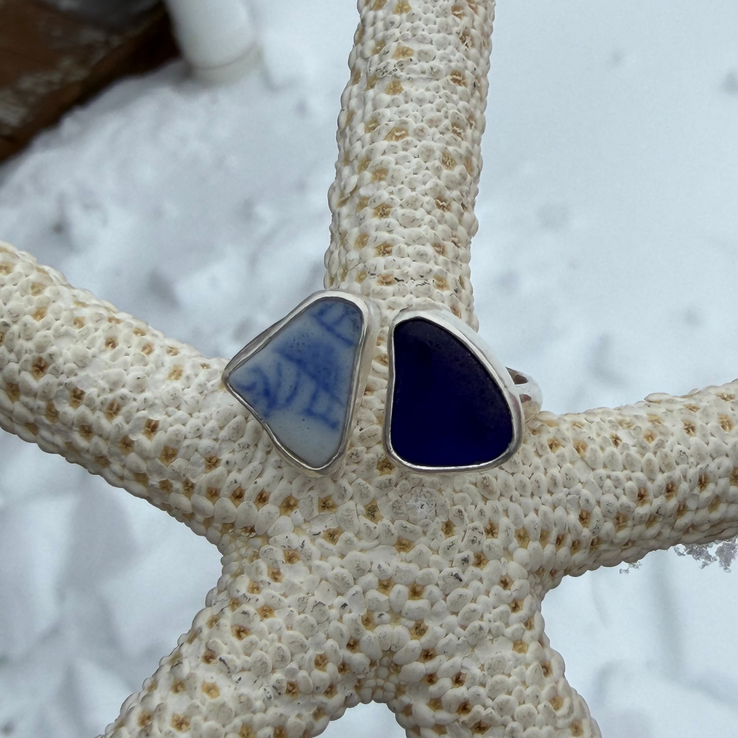 Cobalt Blue Sea Glass and Blue Sea Pottery Adjustable Ring -Size 8