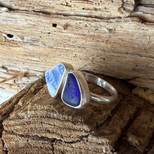 Cobalt Blue Sea Glass and Blue Sea Pottery Adjustable Ring -Size 8