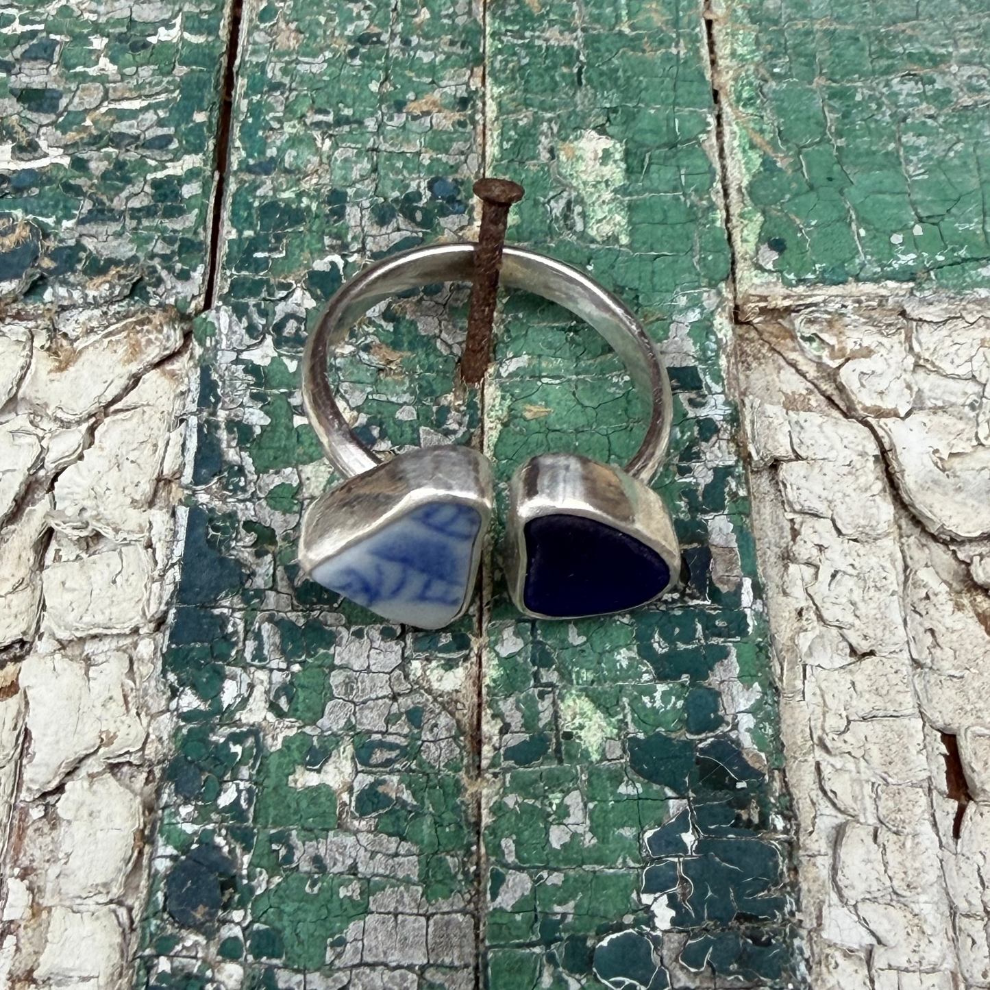 Cobalt Blue Sea Glass and Blue Sea Pottery Adjustable Ring -Size 8