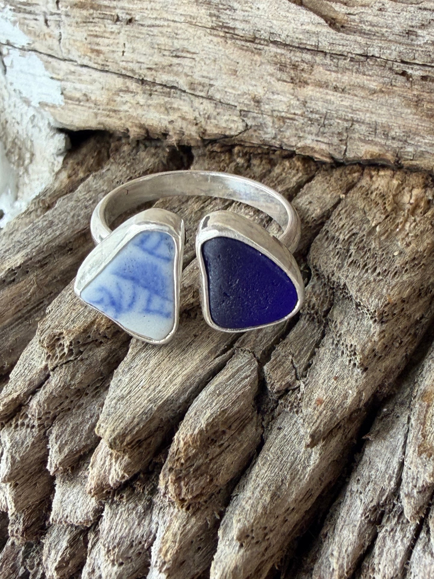 Cobalt Blue Sea Glass and Blue Sea Pottery Adjustable Ring -Size 8