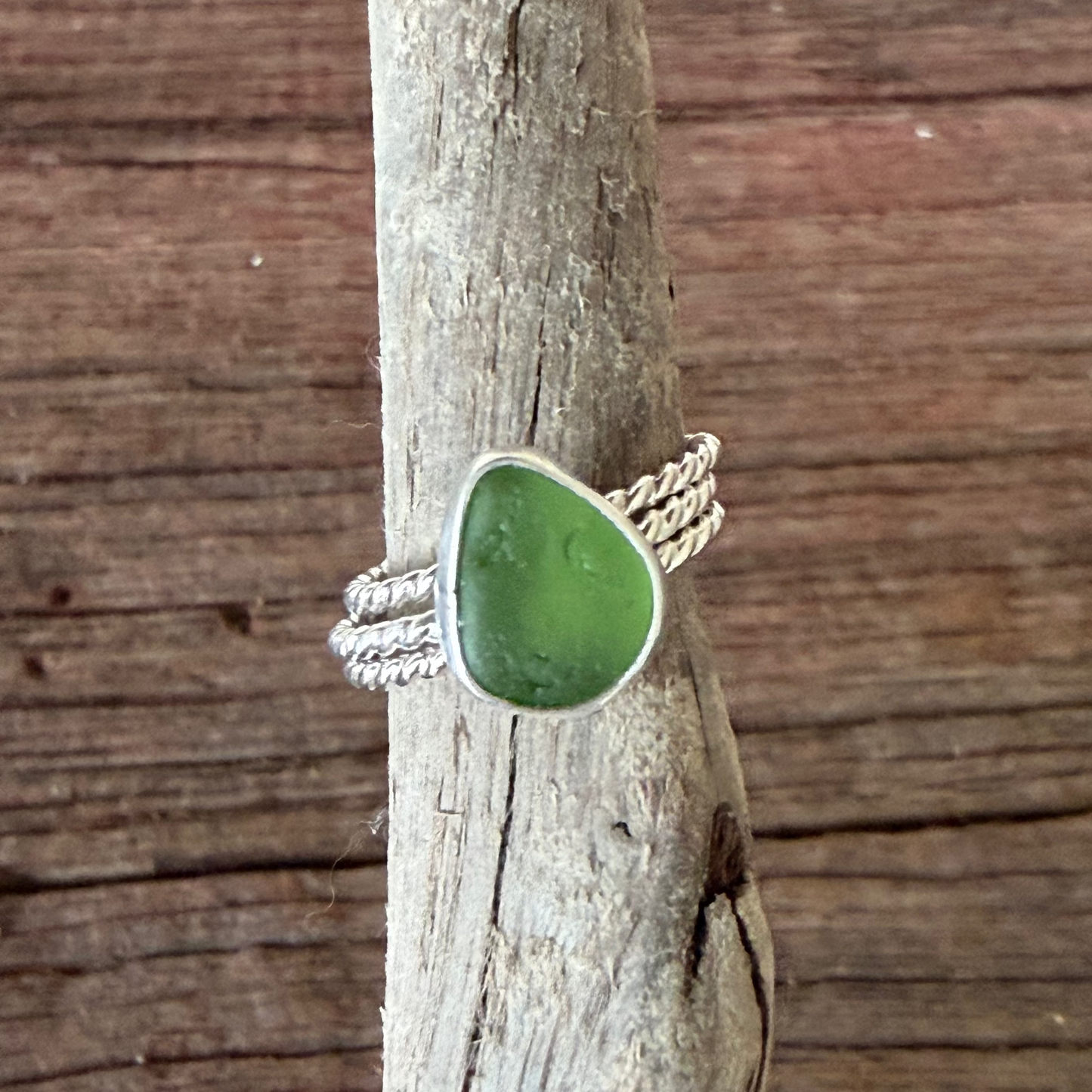 Lime Green Sea Glass Stacking Rings - Size 8.5