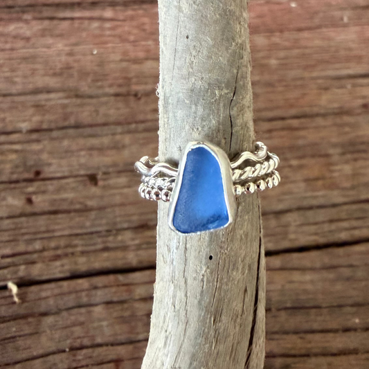 Cornflower Blue Sea Glass Stacking Rings - Size 7.25