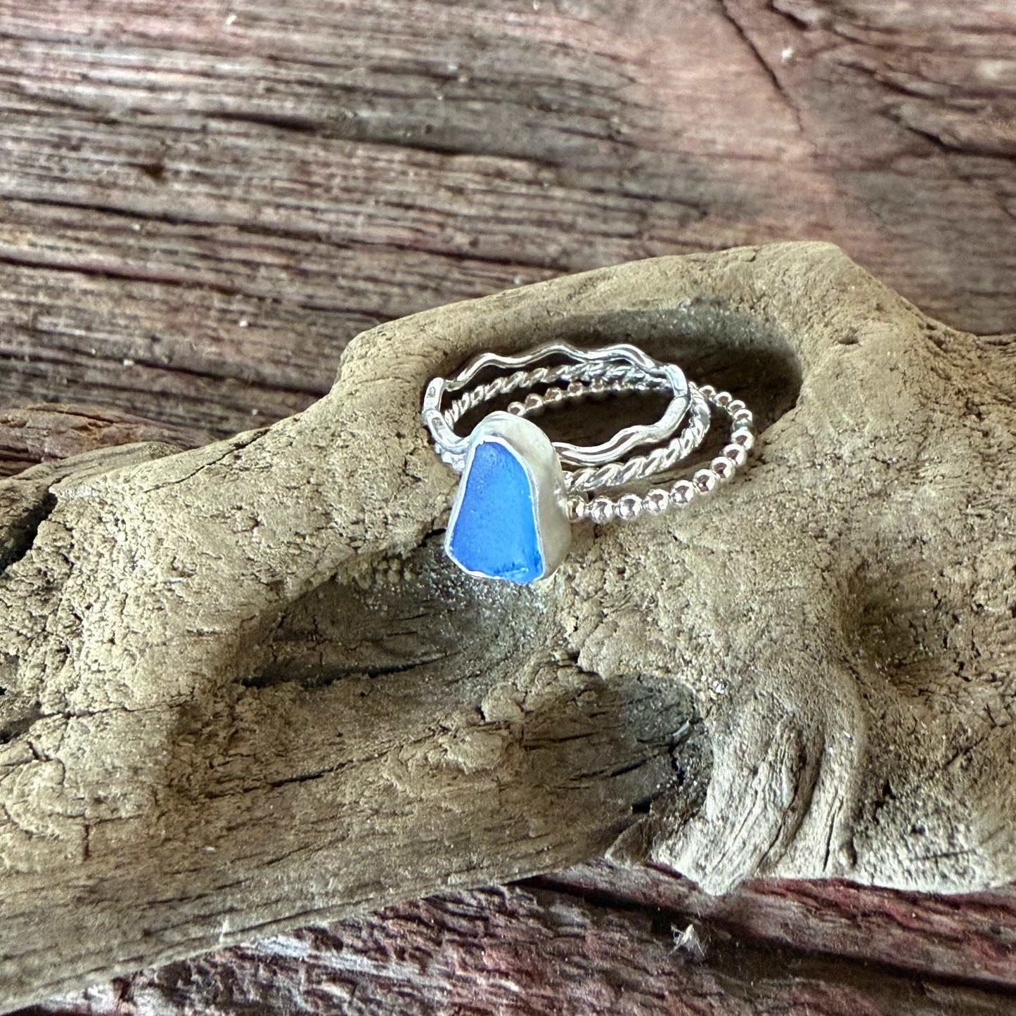 Cornflower Blue Sea Glass Stacking Rings - Size 7.25