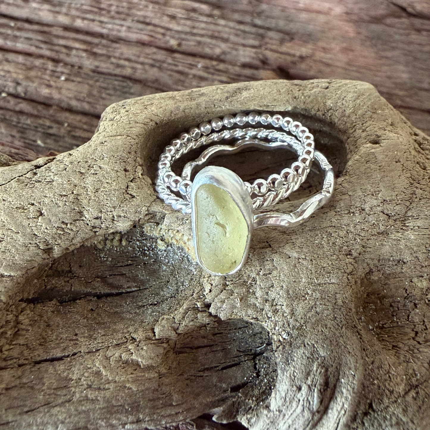 Pale Yellow Sea Glass Stacking Rings -Size 8.25