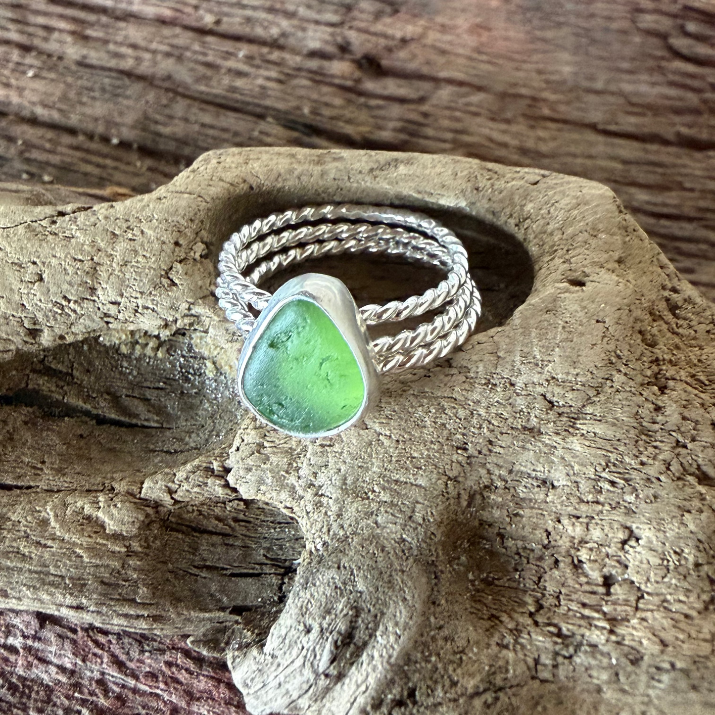Lime Green Sea Glass Stacking Rings - Size 8.5