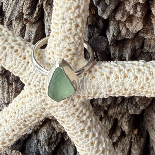 Pale Sage Green Sea Glass Ring - Size 7.5