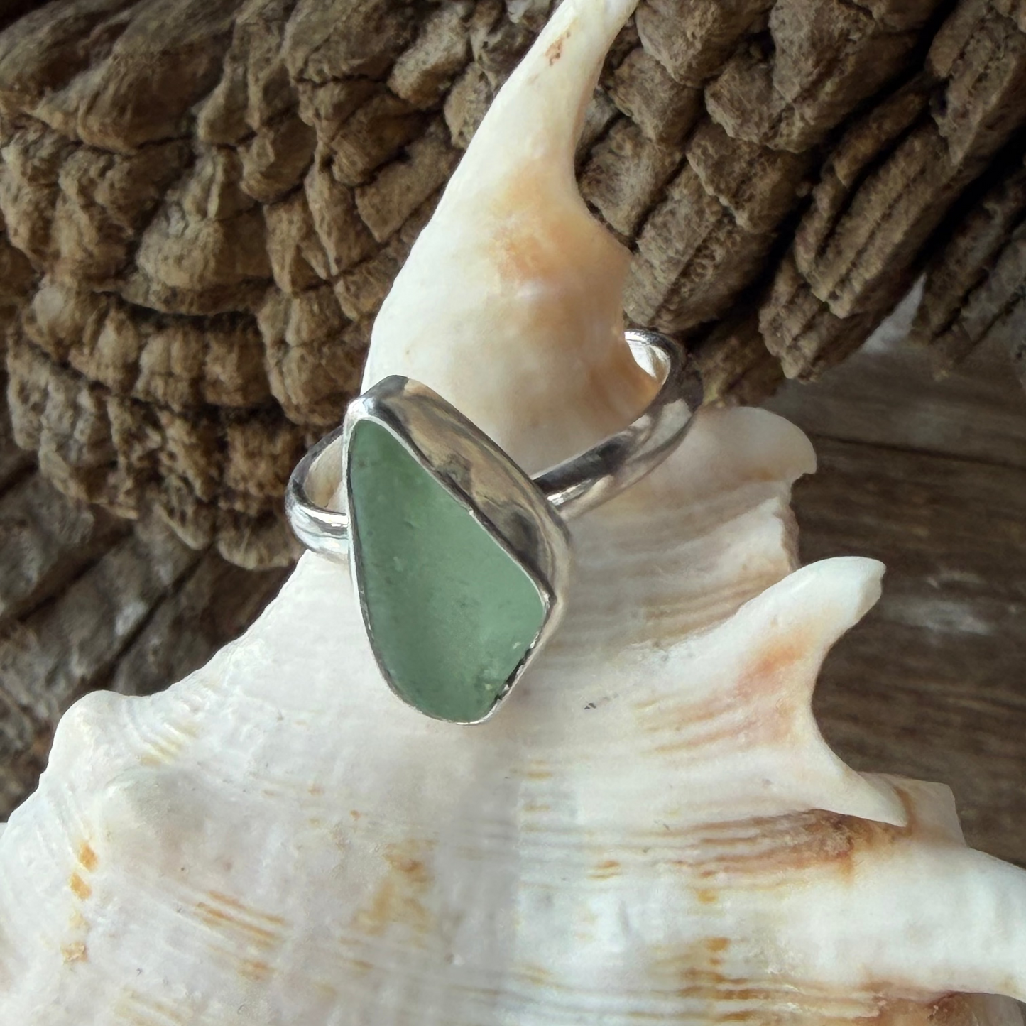 Pale Sage Green Sea Glass Ring - Size 7.5
