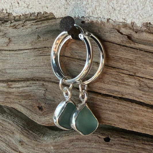 Teal Blue Sea Glass Hoop Earrings