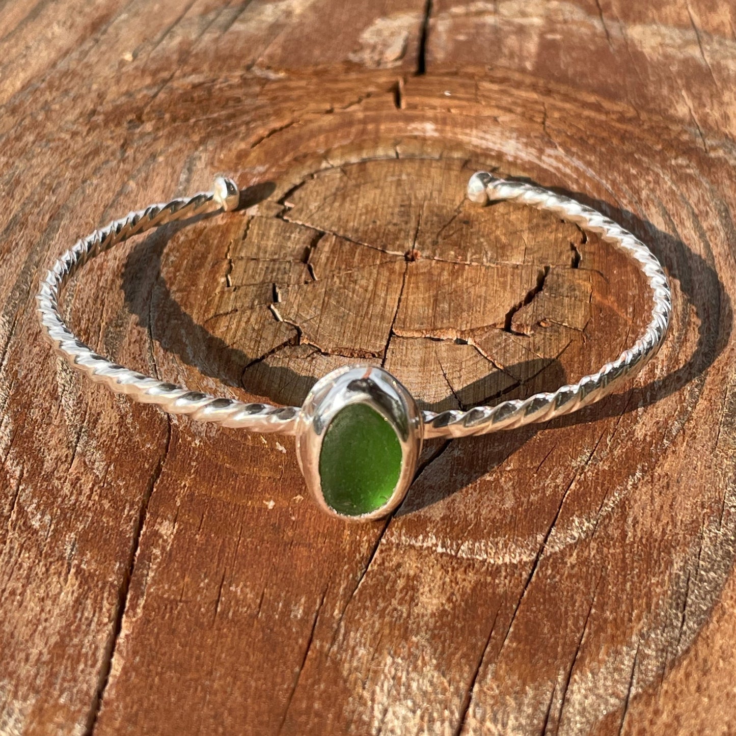 Kelly Green Twisted Sea Glass Cuff Bracelet