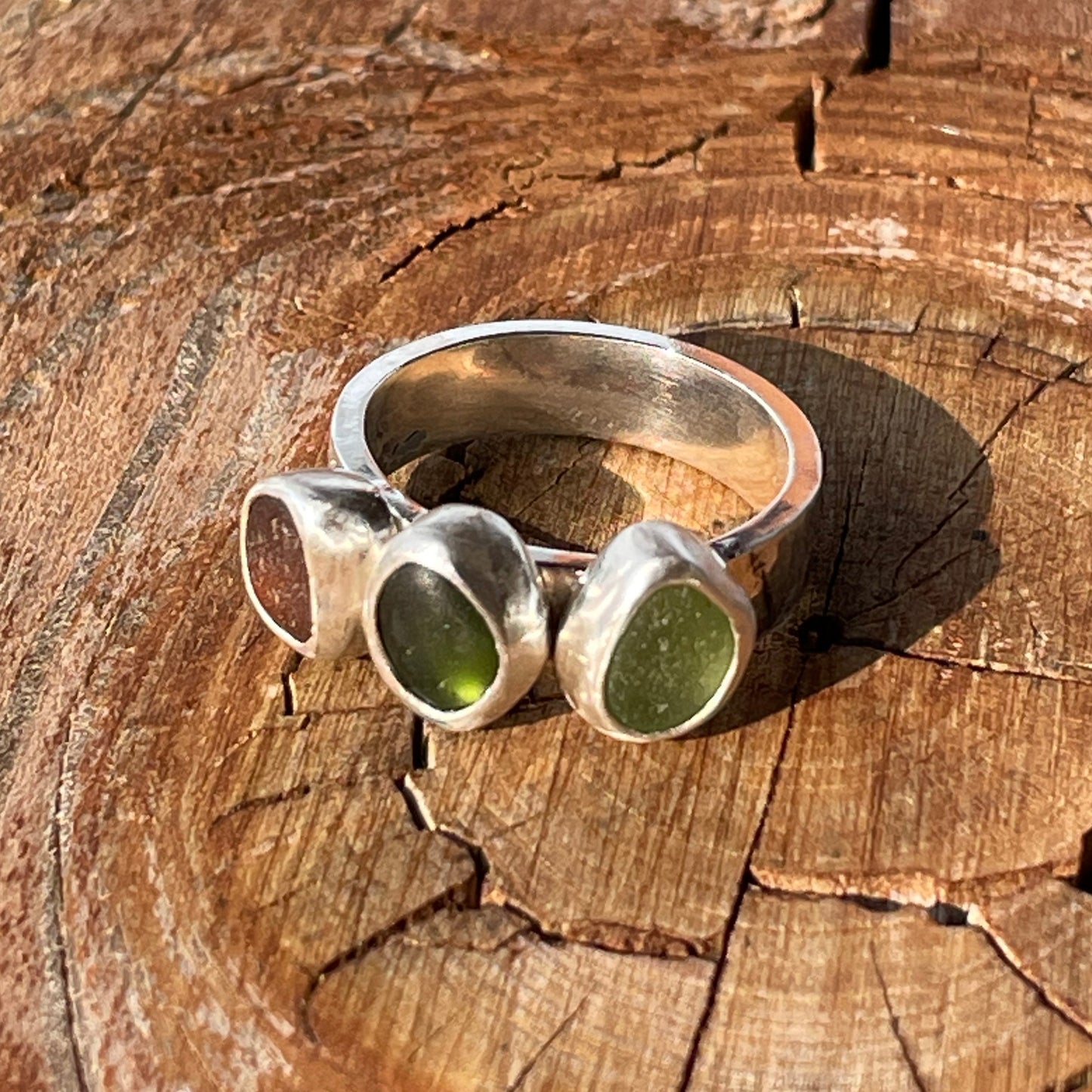 Three Piece Earthy Sea Glass Ring - size 6.75