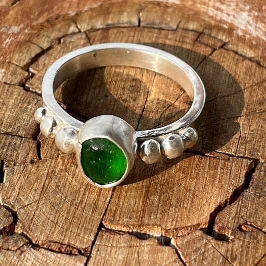 Green Beaded Sea Glass Ring -size 7.75