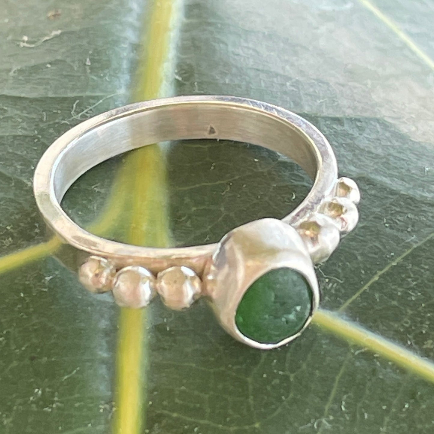 Green Beaded Sea Glass Ring -size 7.75