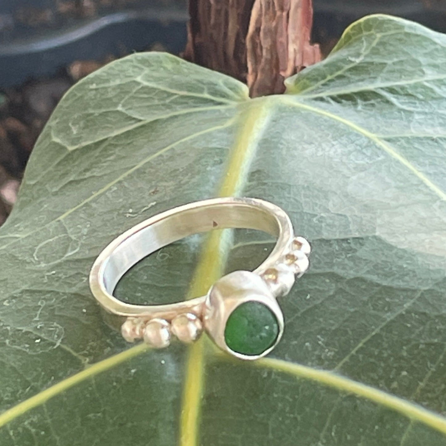 Green Beaded Sea Glass Ring -size 7.75