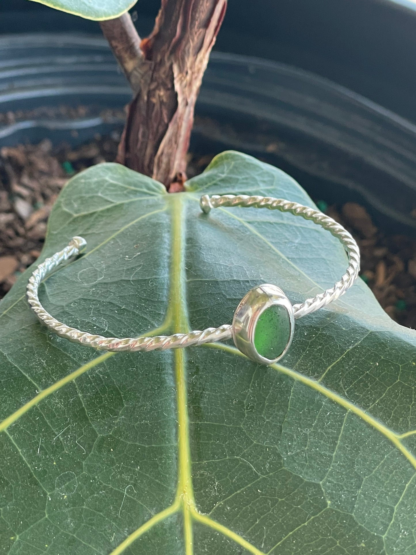 Kelly Green Twisted Sea Glass Cuff Bracelet