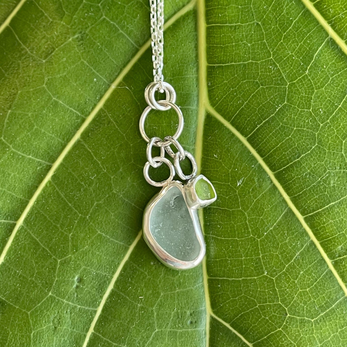 Sea Foam Blue and Lime Green Sea Glass Charm Necklace