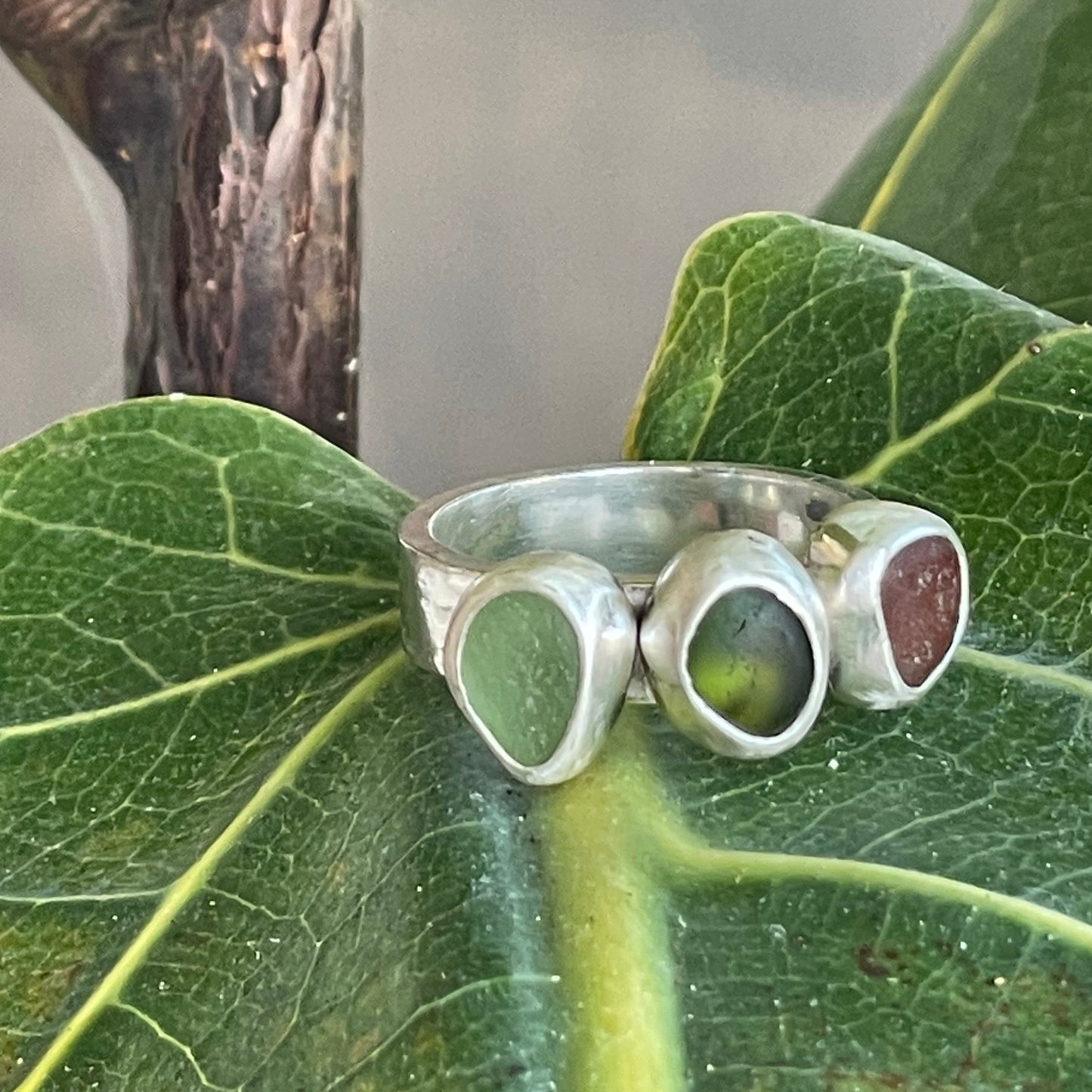 Three Piece Earthy Sea Glass Ring - size 6.75