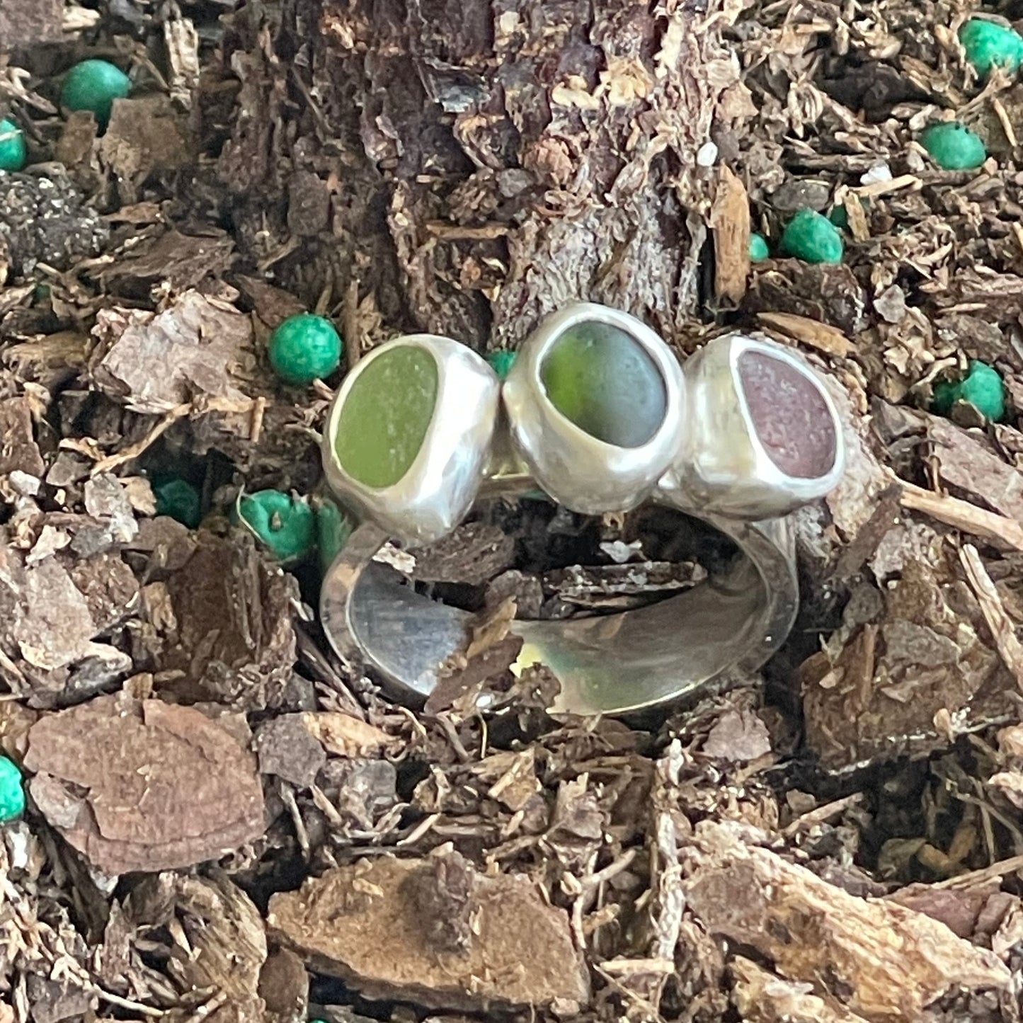 Three Piece Earthy Sea Glass Ring - size 6.75